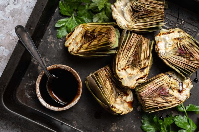 Tray of grilled artichokes