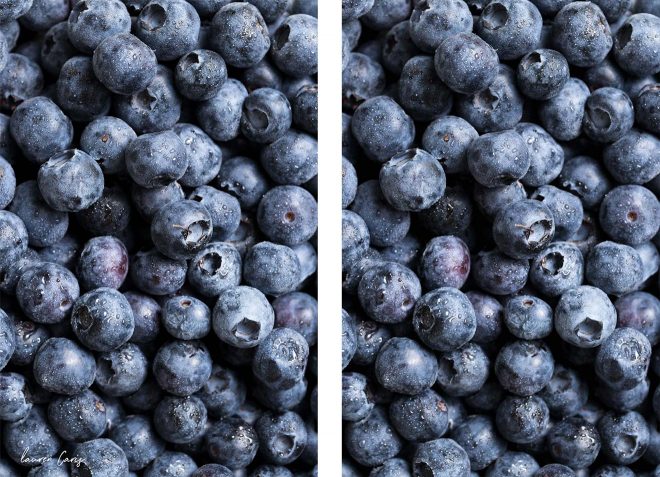 Image of blueberries with watermark vs without