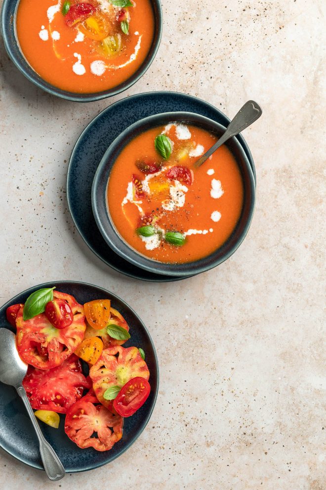Three bowls of tomato soup, photograph by Lauren Caris Short of Food Photography Academy