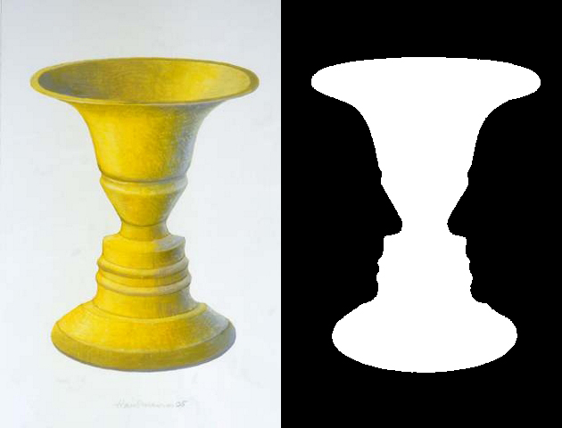 Drawing of a golden goblet against a white-gray backdrop next to a silhouette of the goblet. The goblet is white surrounded by a black background. 