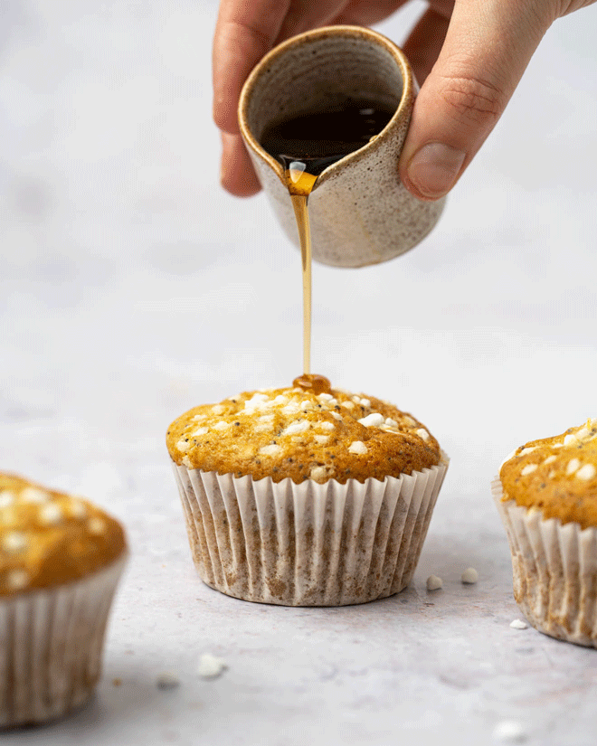 GIF video clip of pouring honey on muffin. GIF by Lauren Caris Short of Food Photography Academy.