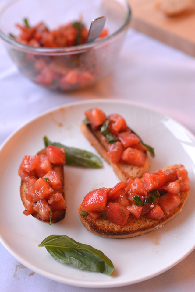 An image of bruschetta that has been badly edited as an example of a common beginner food photography mistake. Example by Lauren Short of Food Photography Academy. 