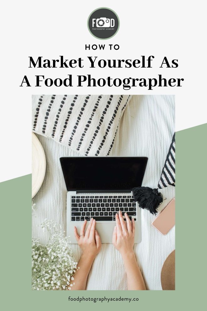 An image of Lauren Short from Food Photography Academy working on her laptop overlaid with text that reads How to Market Yourself As a Food Photographer.